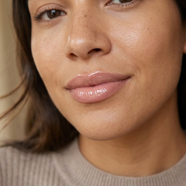 Gloss transparente aplicado sobre labial nude luminoso