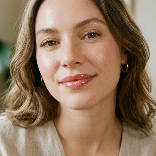 Mujer con maquillaje natural usando gloss transparente y labios brillantes