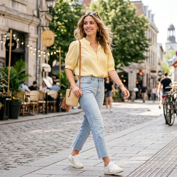 Outfit con jeans claros y blusa butter yellow para un look fresco y moderno