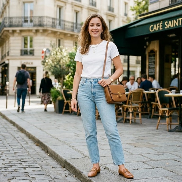 Mujer usando jeans claros con camisa blanca en un look minimalista y elegante