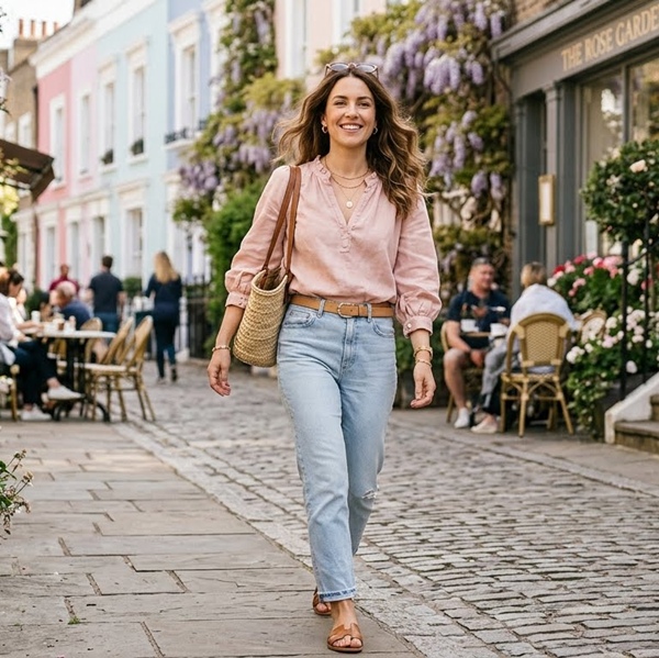 Look femenino con jeans claros y prendas en tono rosa suave para primavera