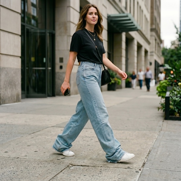 Detalle del largo correcto de unos baggy jeans con tenis blancos