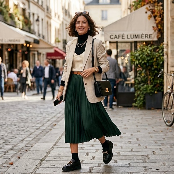 Look con capas ligeras, mezcla de texturas y accesorios elegantes inspirado en las tendencias 2026