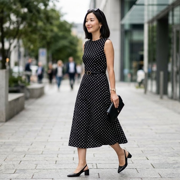 Outfit con lunares en tonos neutros blanco y negro estilo elegante