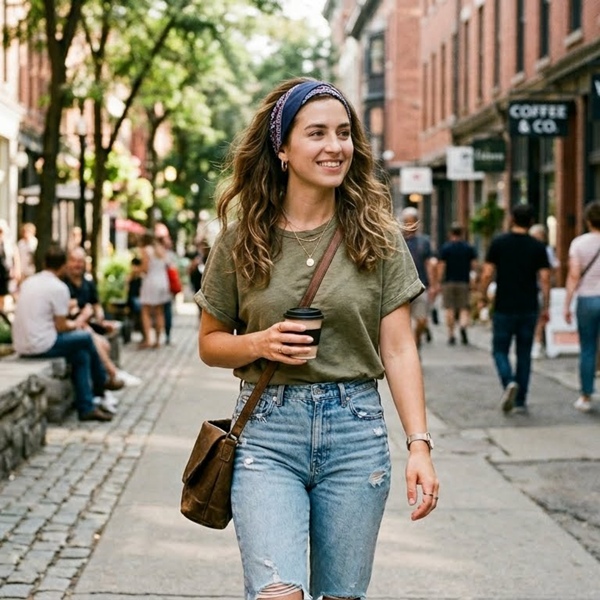 Paliacate usado como diadema amplia en un look casual y relajado
