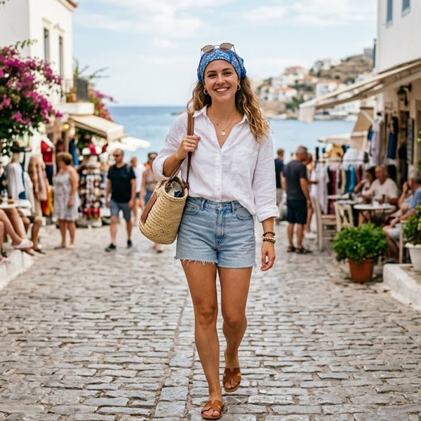 Mujer usando paliacate estilo bandana con outfit de verano