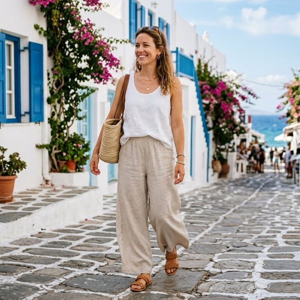 Look con pantalón ligero y amplio para vestir cómoda en temporada de calor