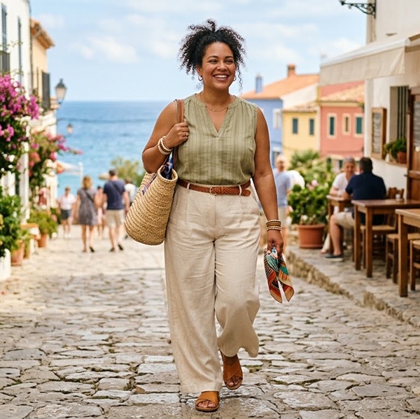Mujer usando pantalón ligero de lino con tank top para un look fresco y elegante