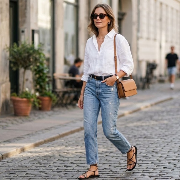 Sandalias minimalistas color nude combinadas con outfit casual de verano