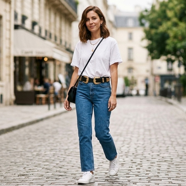 Look con jeans, camiseta y cinturón doble hebilla 