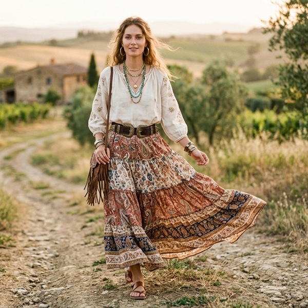 Look boho y romántico con falda larga, blusa fluida y cinturón doble hebilla