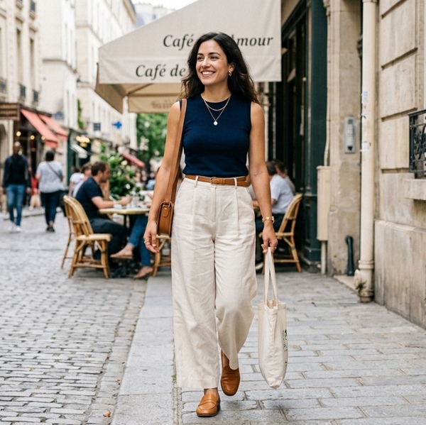 Combinación de pantalón wide leg y top corto