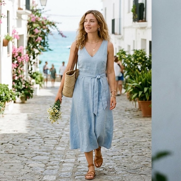Mujer con vestido delicado color powder blue