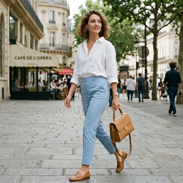Look casual con 3 colores blanco, azul cielo y camel