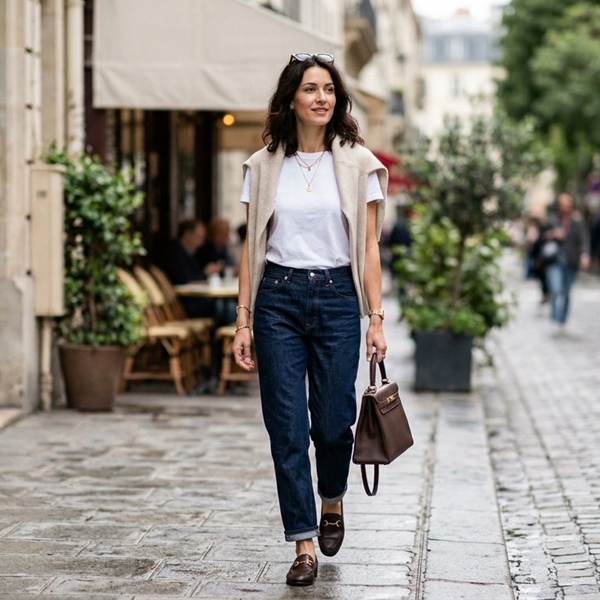 Look con Jeans relaxed azul índigo con suéter
