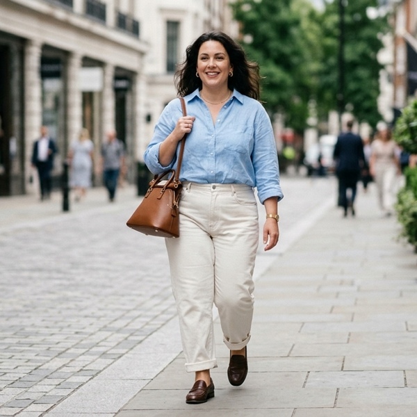 Look con jeans relaxed color crudo con camisa de lino