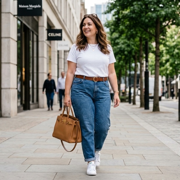 Look con jeans relaxed y camiseta blanca