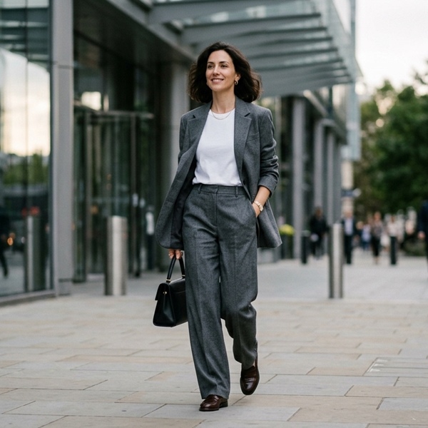 Traje sastre relaxed gris con blusa sencillo