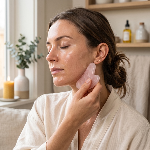 Mujer utilizando un gua sha para masajear el rostro y favorecer el drenaje linfátic