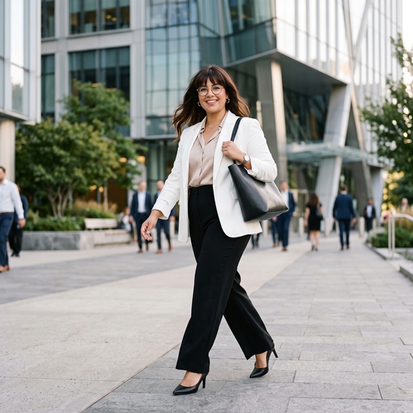 Mujer con blazer blanco y pantalón sastre para un look de oficina