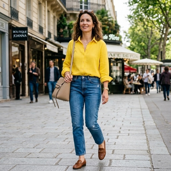 Look casual con blusa amarillo y jeans 