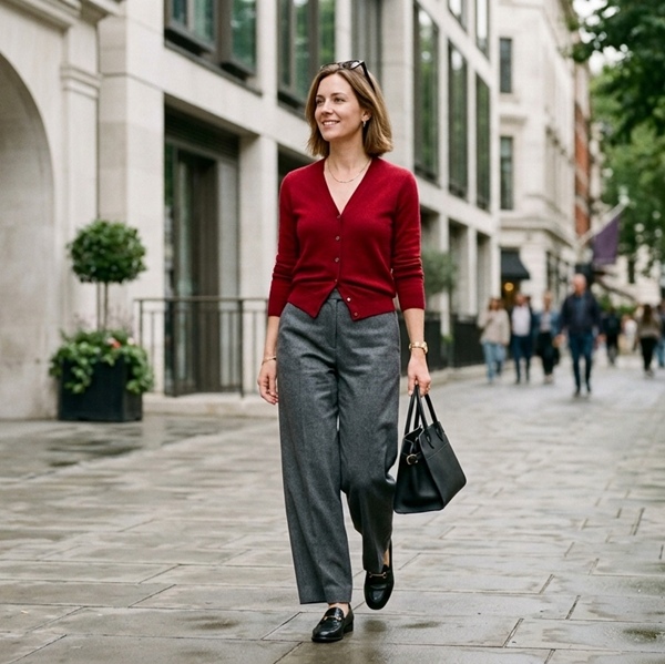 Look profesional con cardigan rojo y pantalón gris 