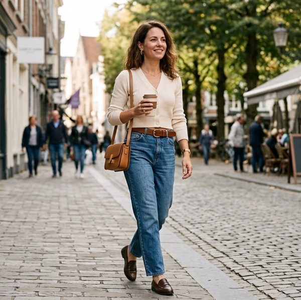 Look  de día con cardigan corto y jeans relaxed