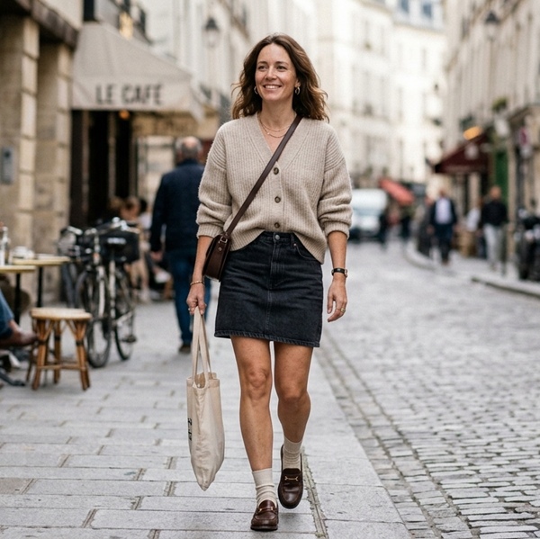 Look moderno con cardigan oversized y mini falda