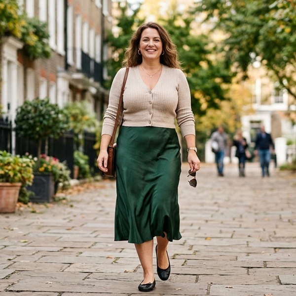 Look femenino con cardigan beige y falda midi de satén