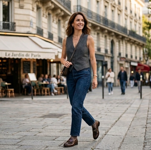 Look casual con chaleco sastre y jeans rectos