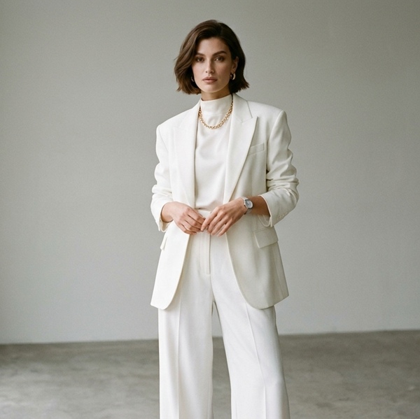 Mujer con traje blanco que proyecta orden y frescura