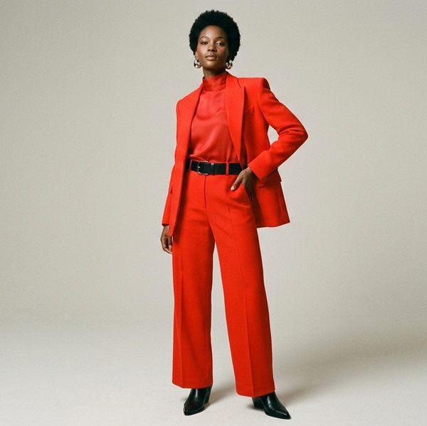 Mujer con traje color rojo que proyecta seguridad y liderazgo