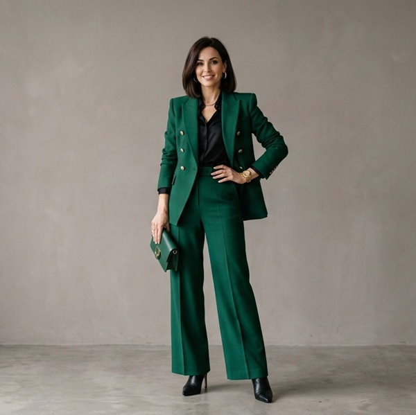 Mujer con traje color verde que transmite equilibrio y calma
