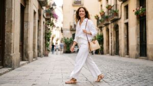 Mujer con outfit blanco elegante combinado con accesorios en tonos neutros