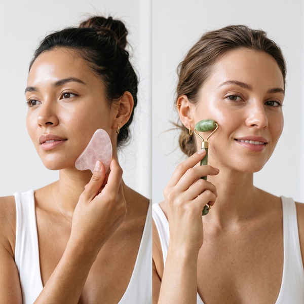 Comparación entre el uso del gua sha y el rodillo facial durante una rutina de cuidado de la piel