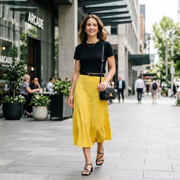 Look con falda amarilla y camiseta negra
