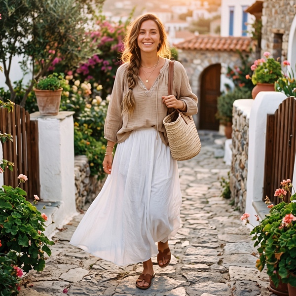 Outfit bohemio con falda larga blanca y blusa en tonos tierra