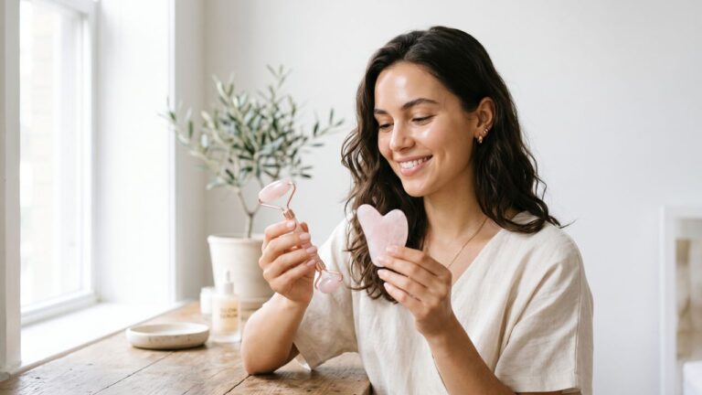 Gua sha y rodillo facial de cuarzo rosa para una rutina de skincare