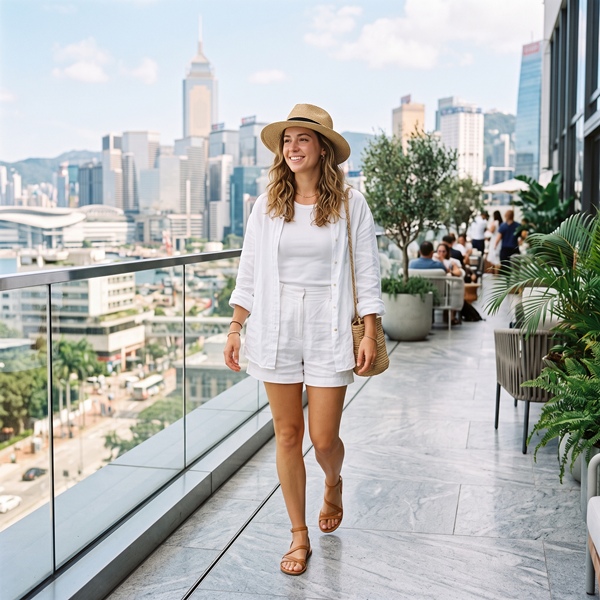 Outfit blanco con shorts de lino y camisa ligera para verano
