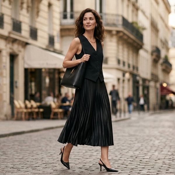 Look con chaleco sastre y falda midi