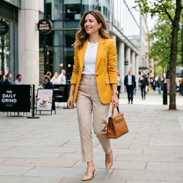 Look profesional con pantalón beige y blazer amarillo