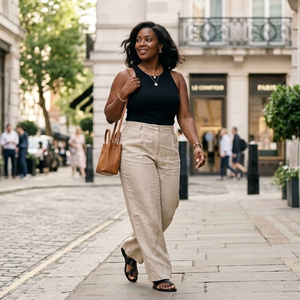 Look con pantalón de lino relaxed color beige con tank top negro
