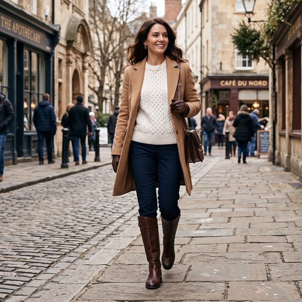 Suéter blanco combinado con pantalón oscuro y botas para invierno
