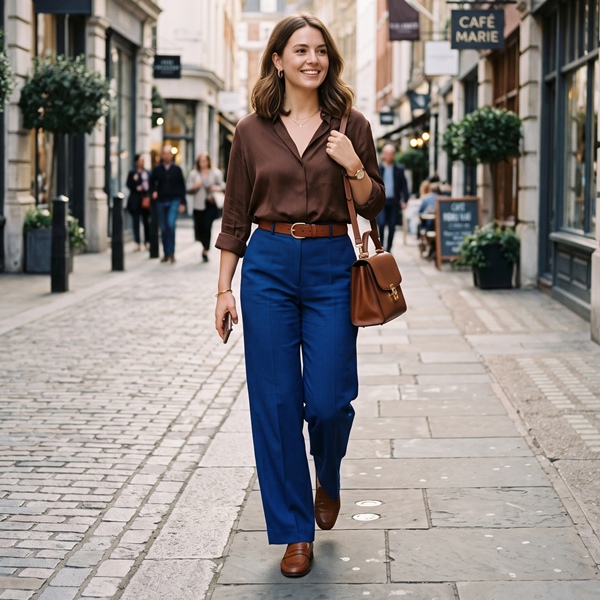 Look de mujer con pantalón azul rey y prendas y accesorios café chocolate