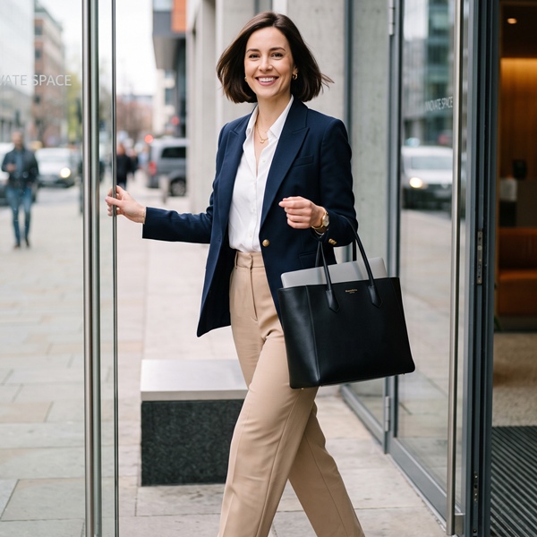 Mujer con bolso tote estructurado ideal para un look de oficina
