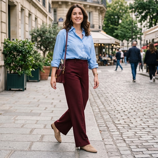 Look de mujer que combina prendas borgoña y azul cielo