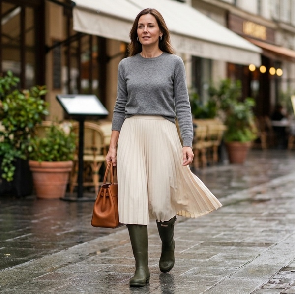 Look femenino y casual con botas de lluvia y falda midi