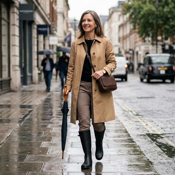 Look clásico con botas de lluvia altas y gabardina