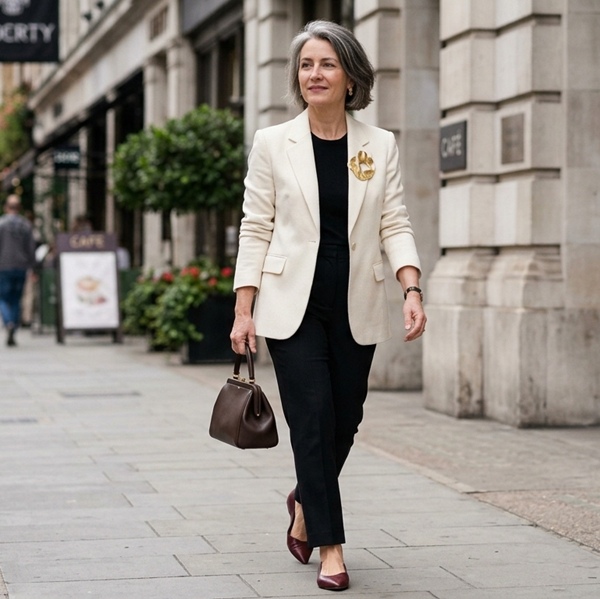 Look clásico con broche en la solapa de un blazer