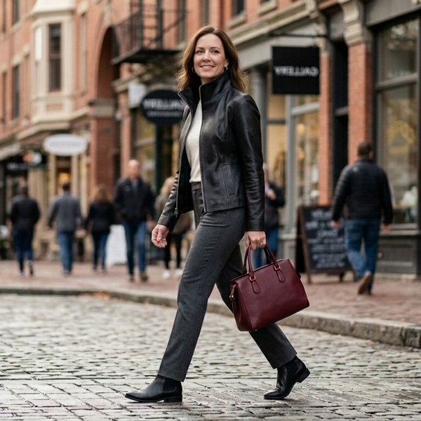 Look urbano con chamarra de cuello de embudo en piel